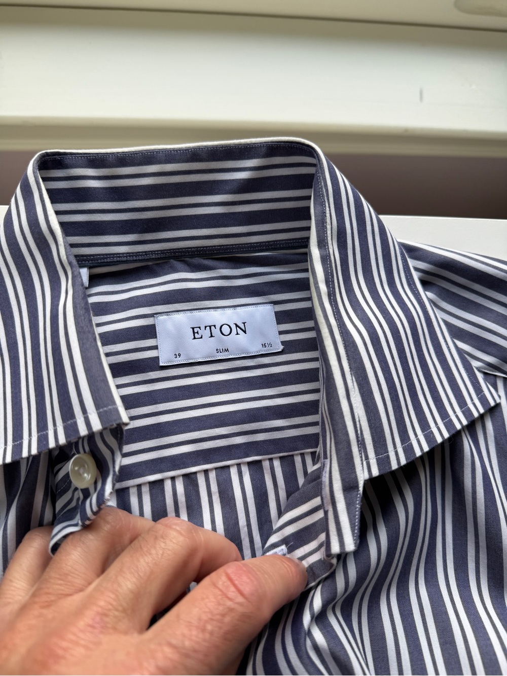 Eton Slim Fit Navy and White Vertical Stripe Slim Fit Dress Shirt size 15 1/2